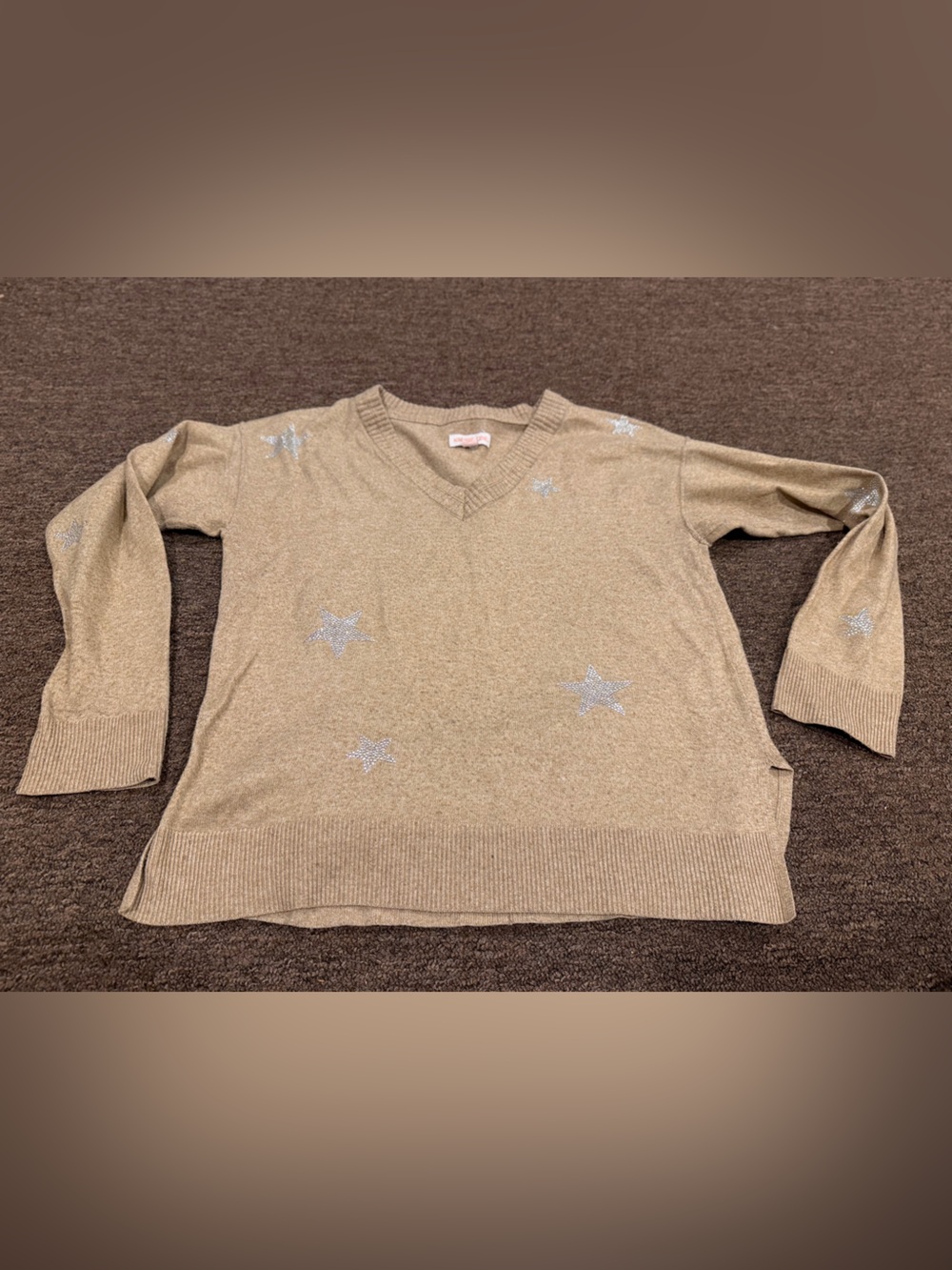 Brown Knox Hill Silver Star V-Neck Sweater Womens L casual comfy